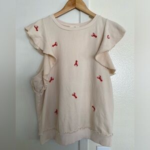 Anthropologie t.la flutter sleeve cotton lobster embroidered top size small